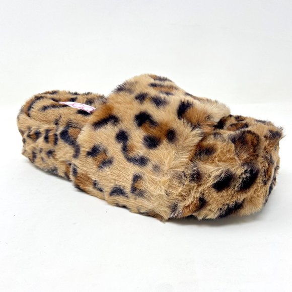 Sugar Wryde Leopard Brown Platform Womens Fluffy Slip On Slipper Warm Sandals - Picture 2 of 5